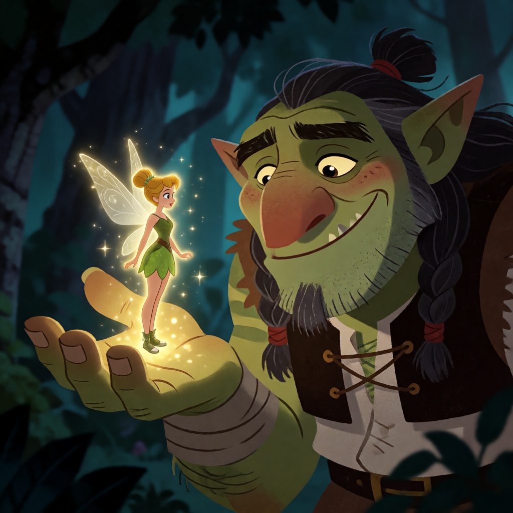 a tiny glowing fairy woman standing on the palm of a benevolent but ugly troll's hand in a dark forest on Tensor.Art