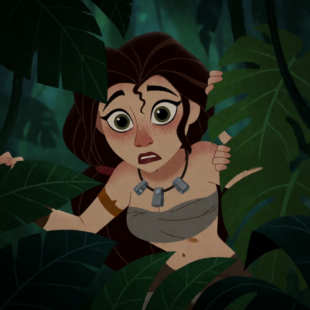 a barbarian priestess peeking through leaves in a shadowy jungle on Tensor.Art