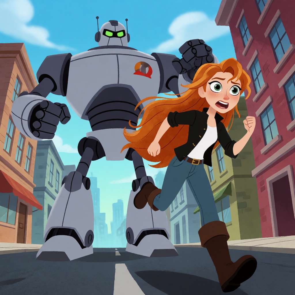 a redhead woman running from a giant robot in a city on Tensor.Art