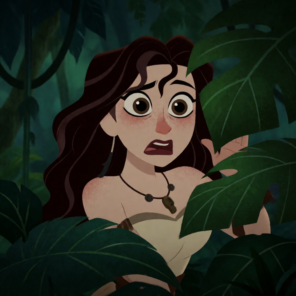 a barbarian priestess peeking through leaves in a shadowy jungle on Tensor.Art
