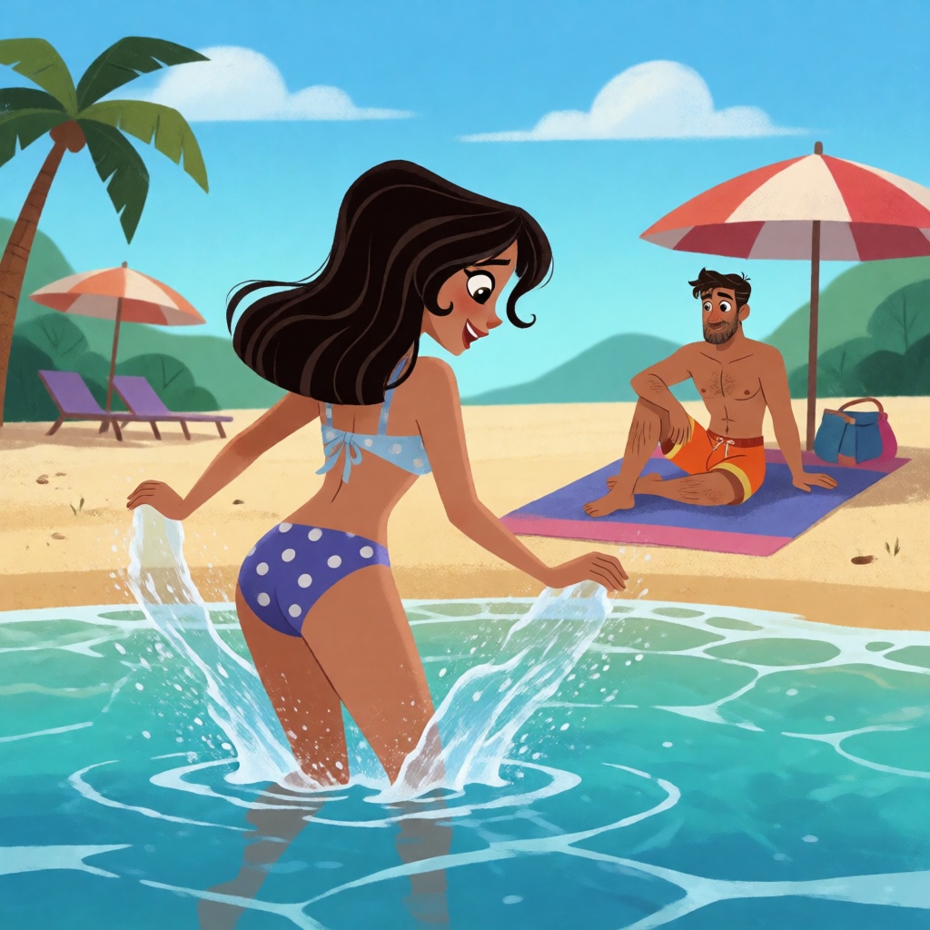 a woman splashing in the water near a beach,  a man in swim trunks sitting on a towel nearby on Tensor.Art