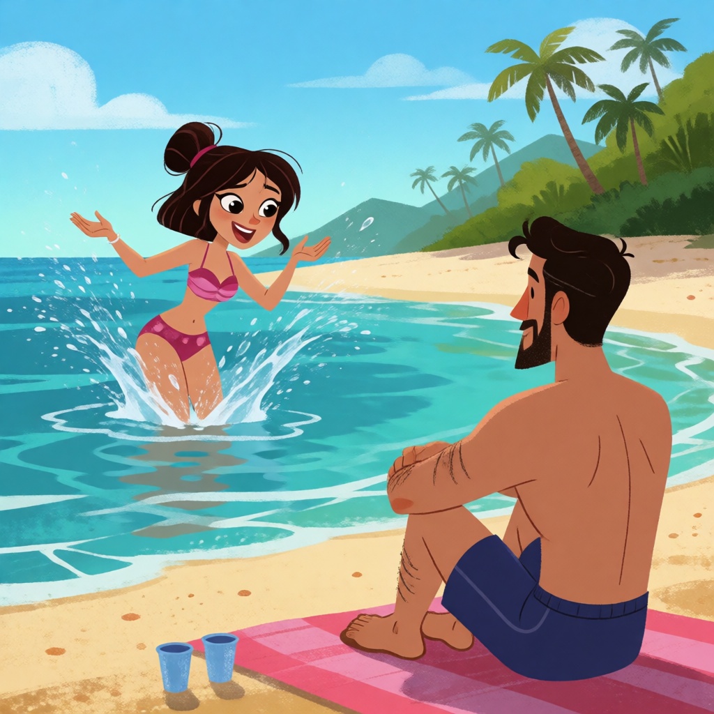 a woman splashing in the water near a beach,  a man in swim trunks sitting on a towel nearby on Tensor.Art
