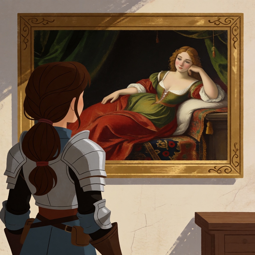 a woman wearing medieval fantasy armor,  admiring a renaissance painting of a lounging woman hanging in a frame on the wal...