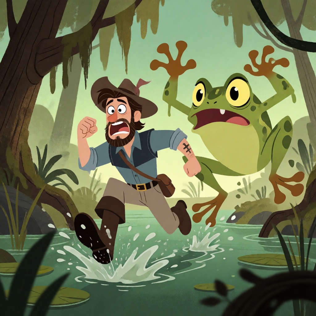 a man running through a swamp,  splashing,  chased by a giant frog on Tensor.Art