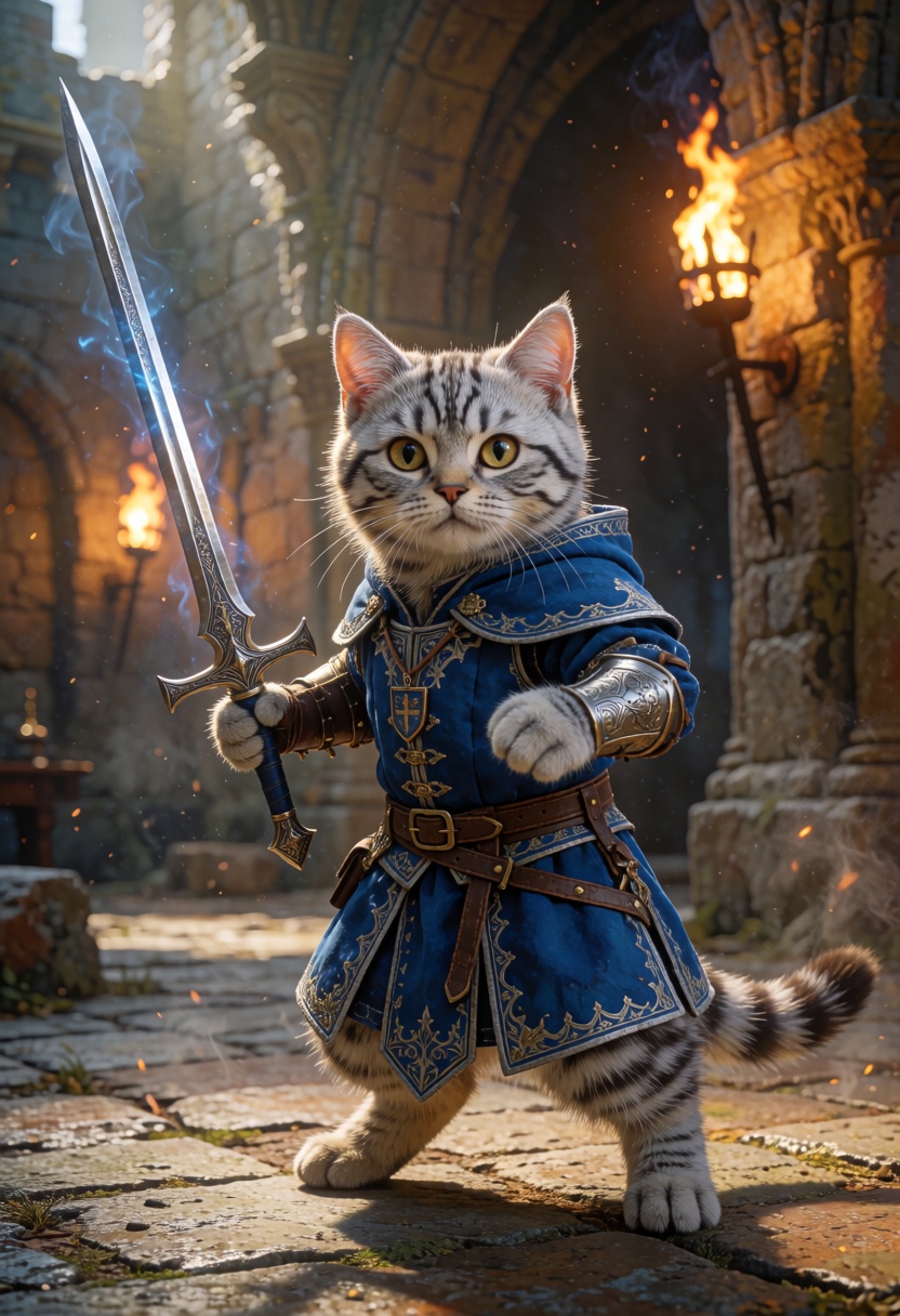 RAW ultra-realistic cinematic fantasy character portrait of an adorable silver tabby kitten transformed into a heroic medi...