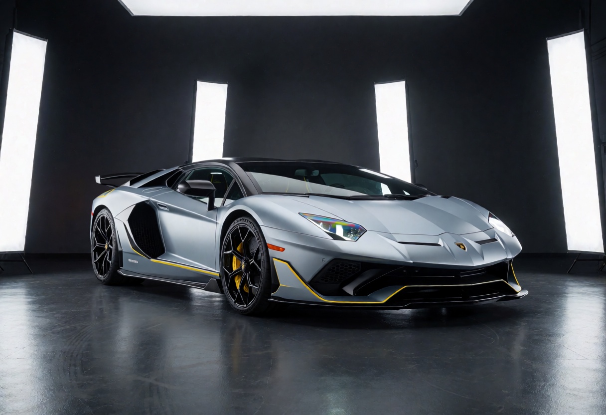 RAW ultra-realistic automotive commercial photography of a Lamborghini Aventador LP 780-4 Ultimae,  finished in premium sa...