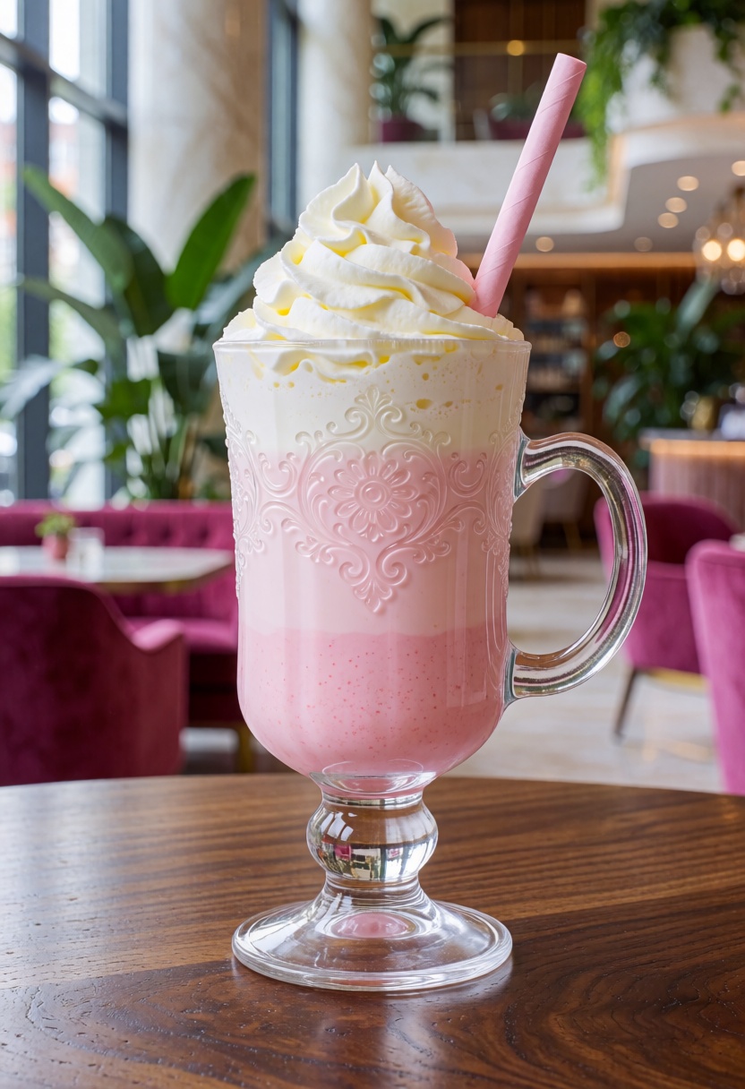 RAW ultra-realistic commercial food photography of a premium layered strawberry vanilla milkshake served in an elegant cle...
