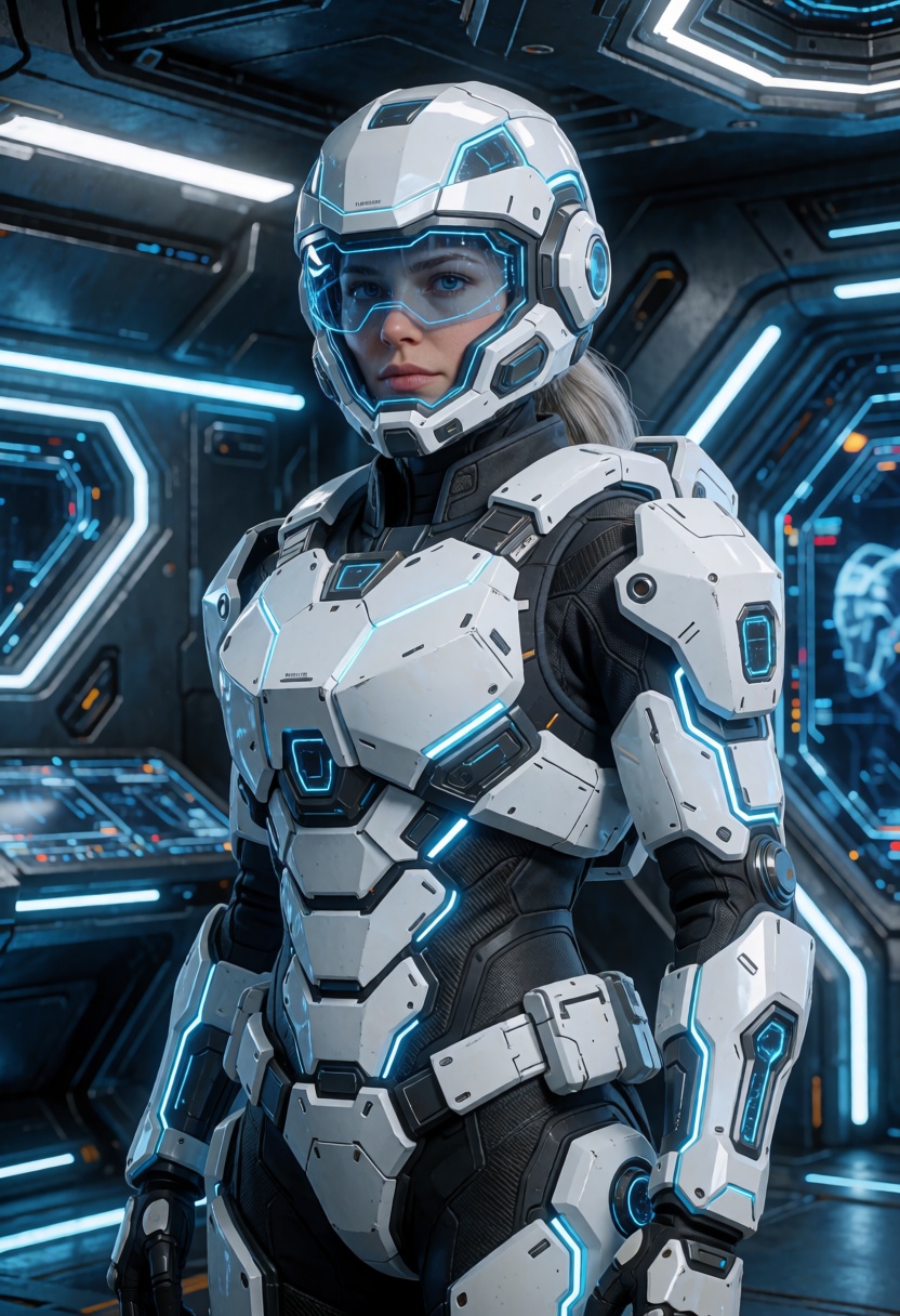 RAW ultra-realistic cinematic science fiction character portrait of a female futuristic combat officer wearing advanced ne...