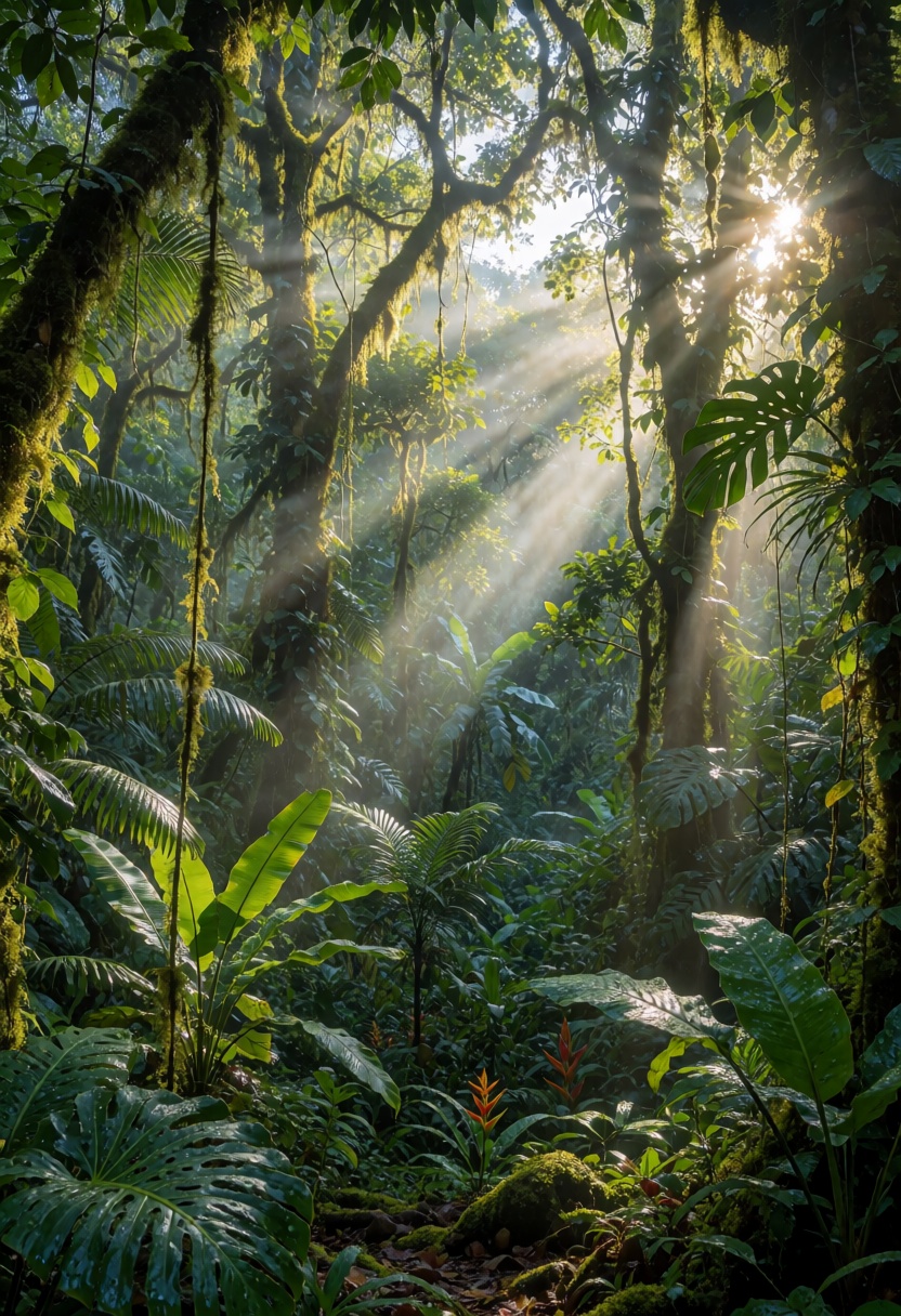 RAW ultra-realistic rainforest landscape photograph captured in a pristine tropical jungle at sunrise,  dense untouched pr...