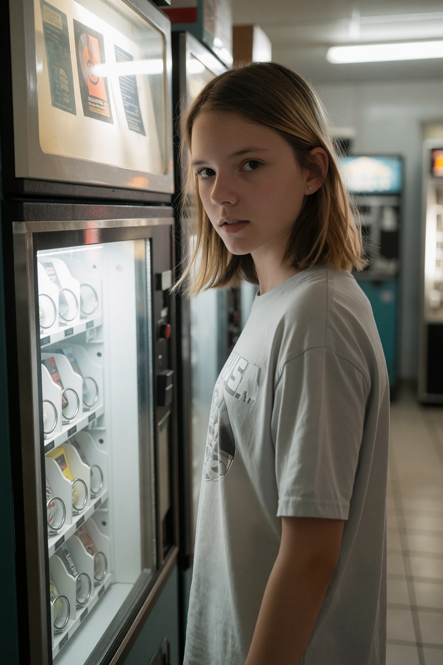 A medium-close shot captures a young woman positioned adjacent to a vintage-style vending machine as the glass front slowl...