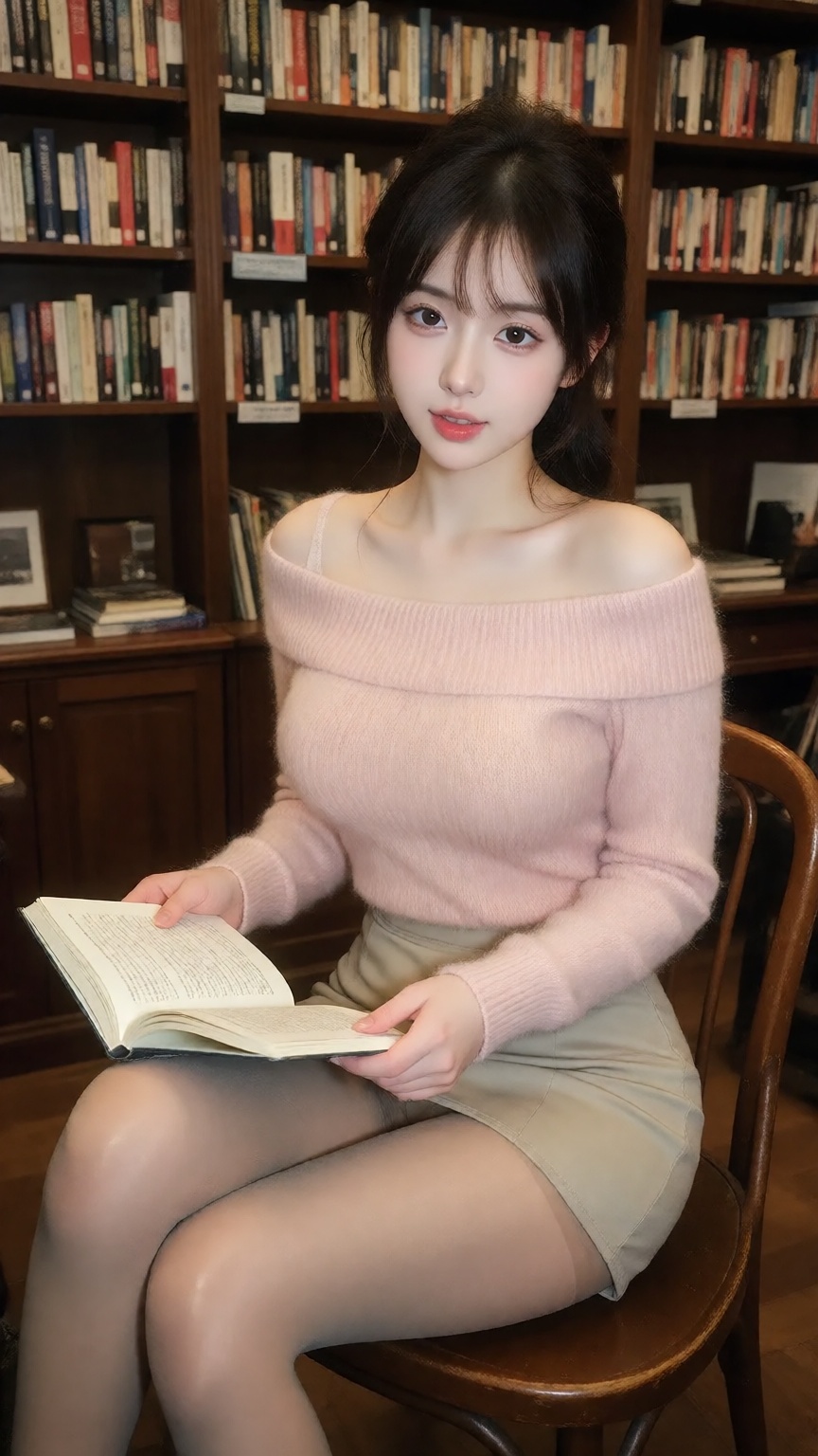 pipik2,  A young woman in a soft pink off-shoulder sweater and beige skirt sits gracefully on a wooden chair,  holding an...