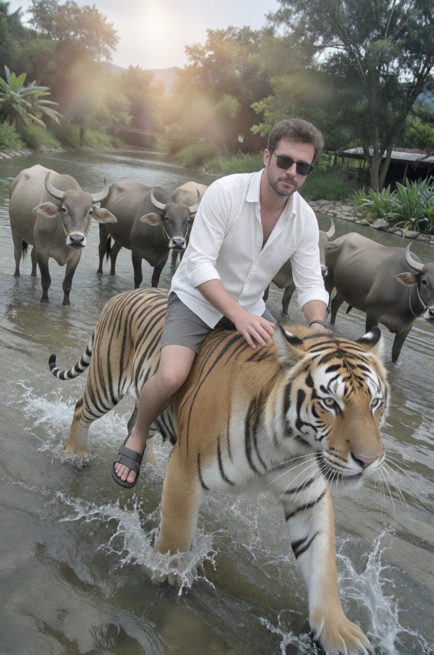 man riding a large tiger on shallow river,  a group of buffallo behind them. splash at the foreground,  candid on Tensor.Art