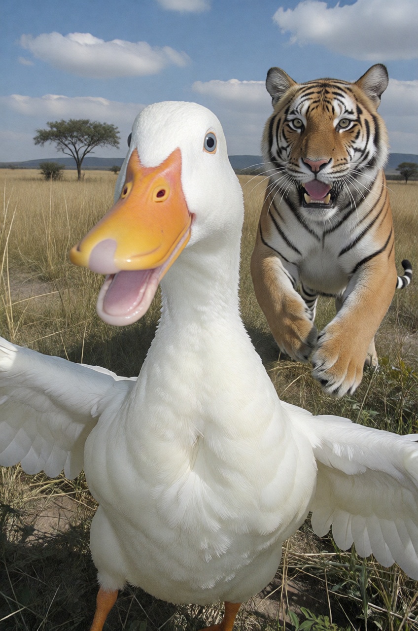 a close-up shot photography captures an excited,  wide-eyed domestic white duck as the primary non-human subject seemingly...