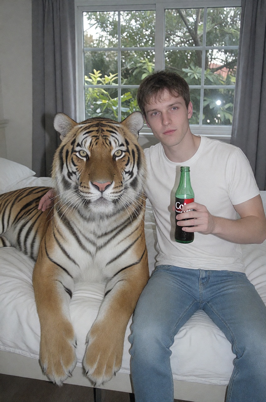tiger and a young man,  candid ,  casual attire on Tensor.Art