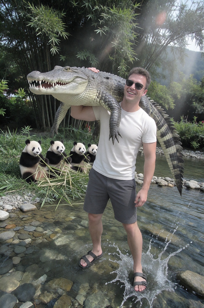 a joyful muscular man carrying a colossal angry crocodile on his shoulder. at the shallow crystal clear river,  shady bamb...