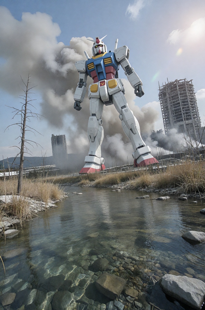 colossal Gundam loom behind the smoke,  post apocalypse,  shallow crystal clear river on Tensor.Art