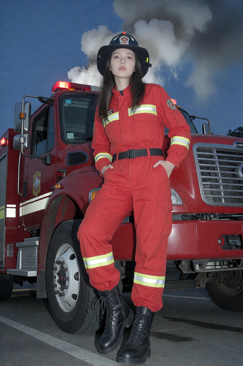 a full-body type shot captures a woman dressed as a firefighter leaning casually against the front side of a vibrant red f...