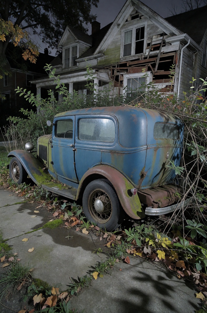 A decrepit scene unfolds: a 1932 Ford Tudor Sedan,  faded blue hue glistening under strobe light's eerie glow. Framed at a...