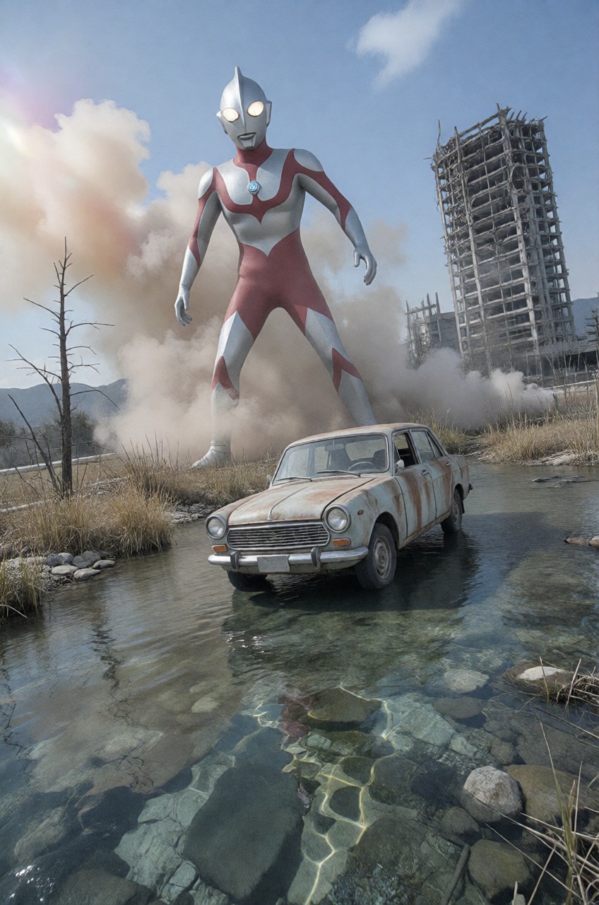 colossal Ultraman loom behind the smoke,  post apocalypse,  weathered vintage car on the shallow crystal clear river on Te...