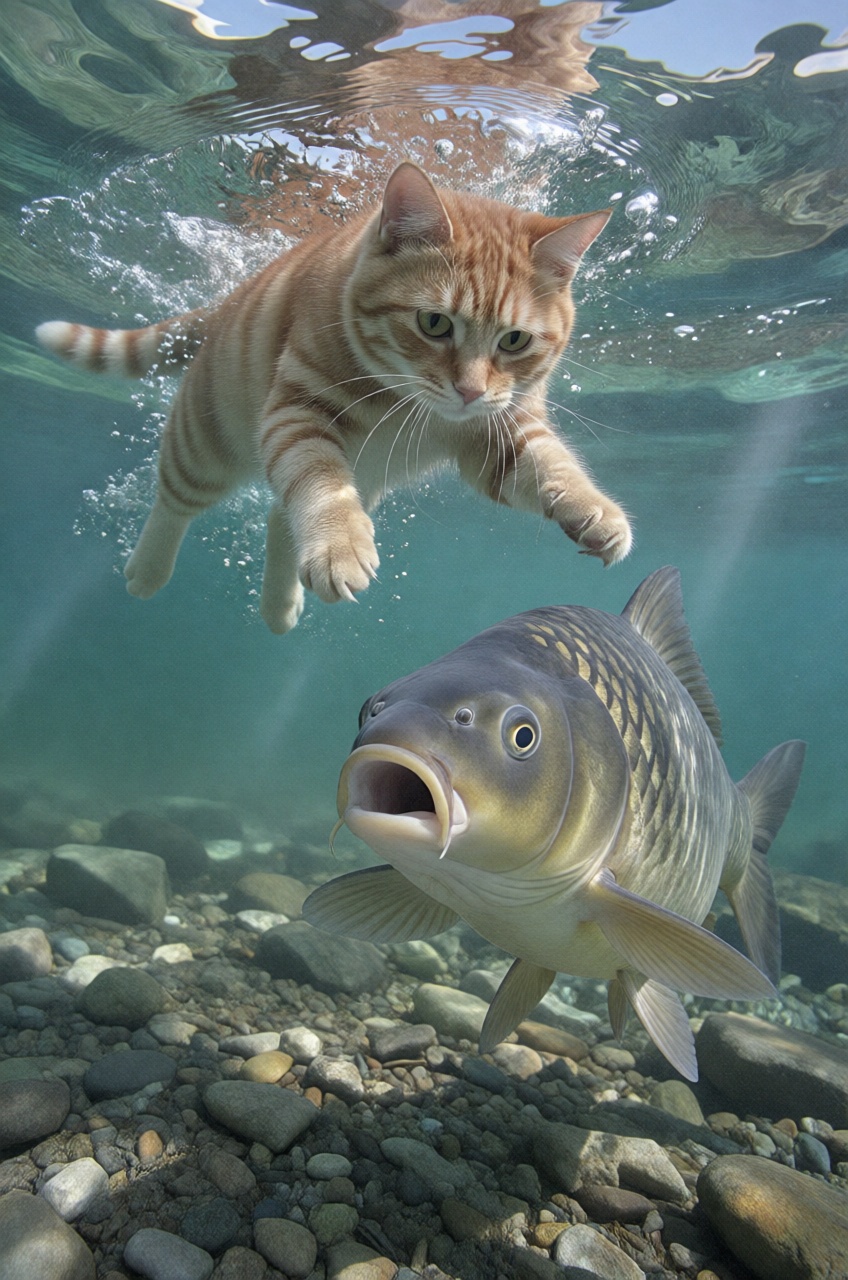 A dramatic hyperrealistic humorous and surreal hyperrealistic underwater shot,  capturing a moment of interaction between...