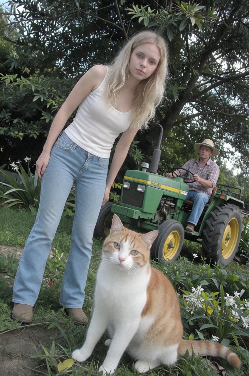 cat,  young woman,  counctry side on Tensor.Art