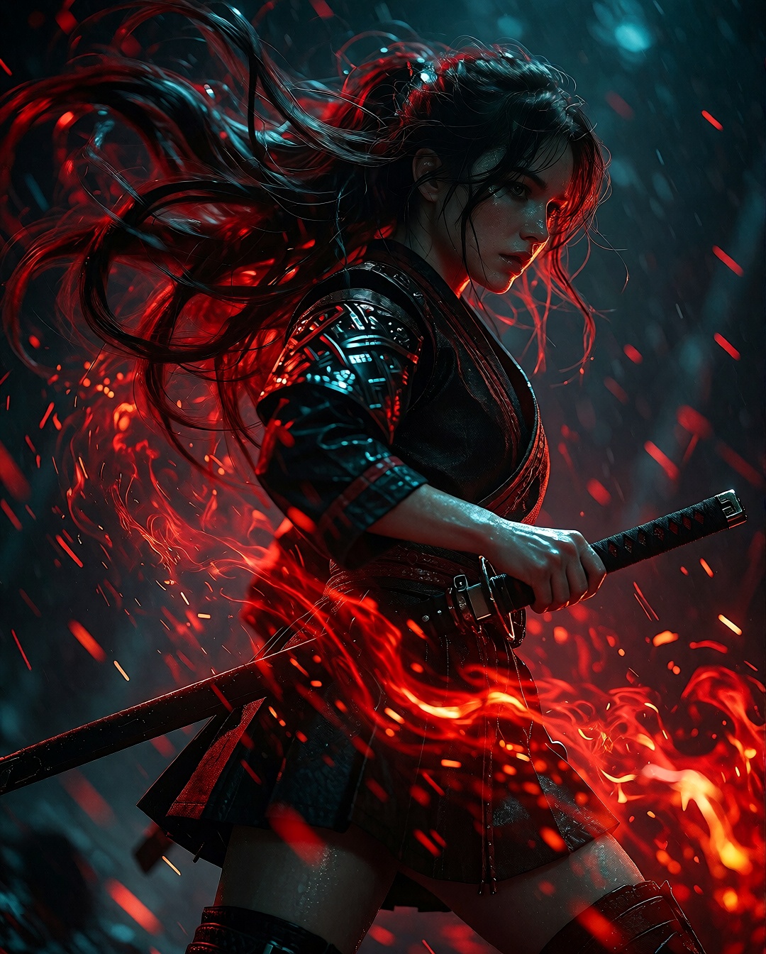 A vivid photograph captures a dark female warrior standing in a focused profile posture,  holding a sheathed katana at her...