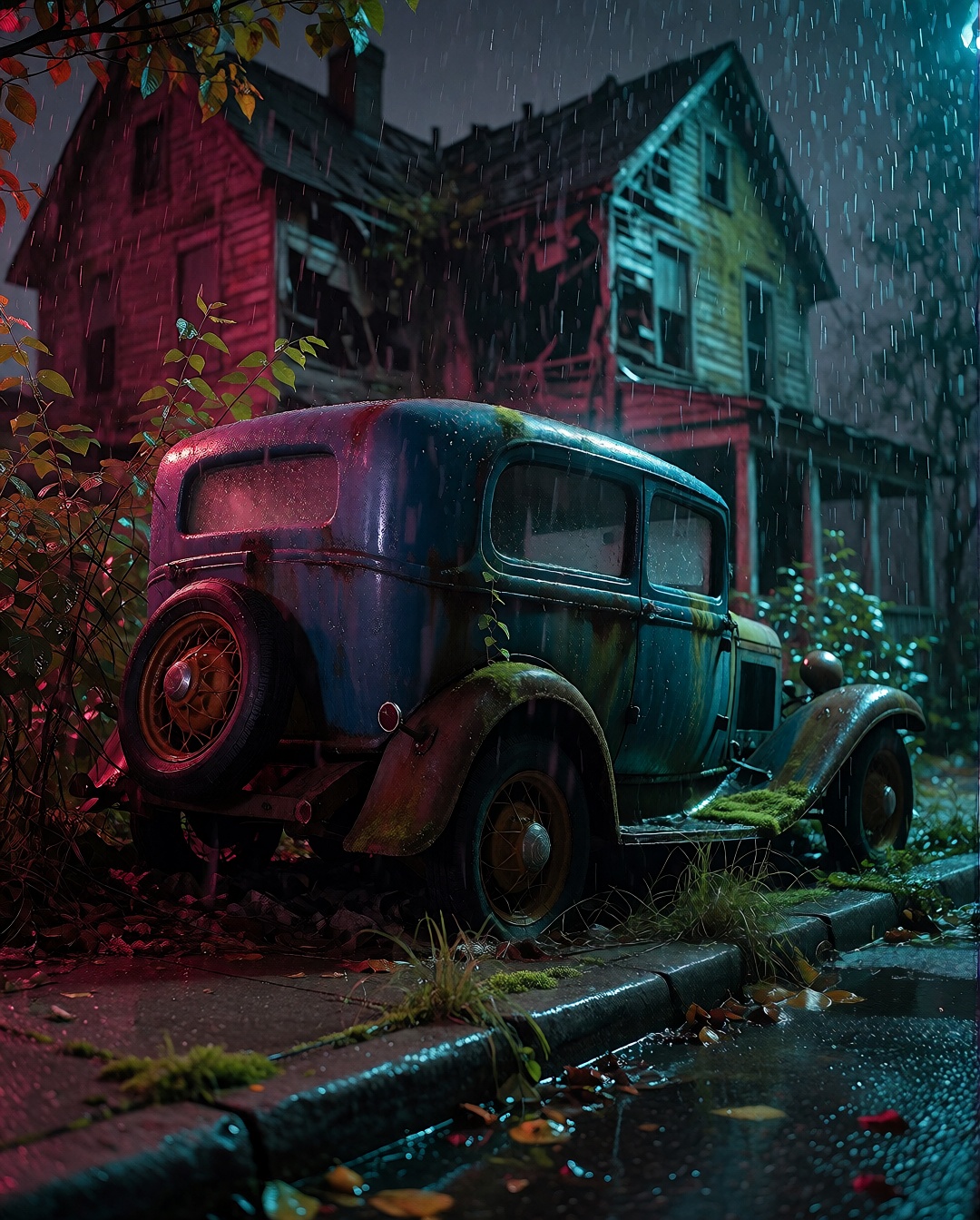 A decrepit scene unfolds: a 1932 Ford Tudor Sedan,  faded blue hue glistening under strobe light's eerie glow. Framed at a...