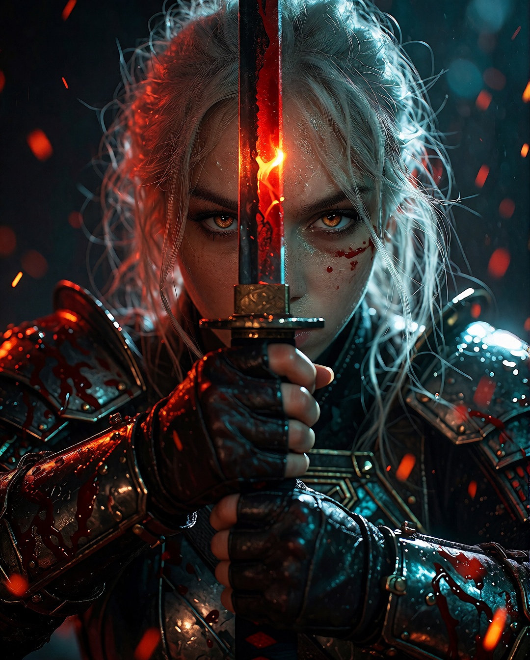 A vivid photograph captures a fierce warrior holding a glowing red katana directly in front of her face in an intense,  ba...