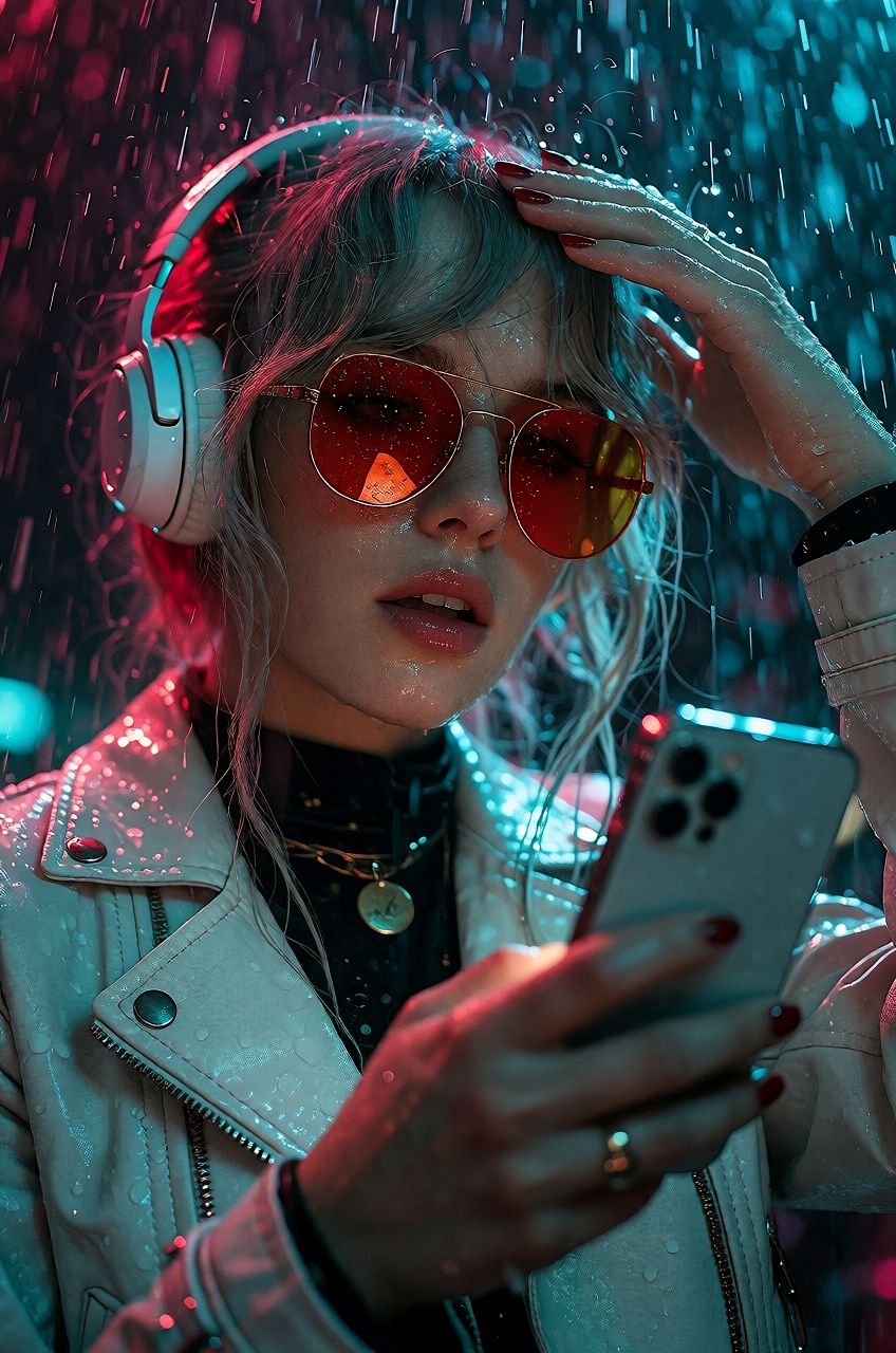 close-up of a young woman with bobcut grey hair,  red sunglasses,  white headphone on Tensor.Art