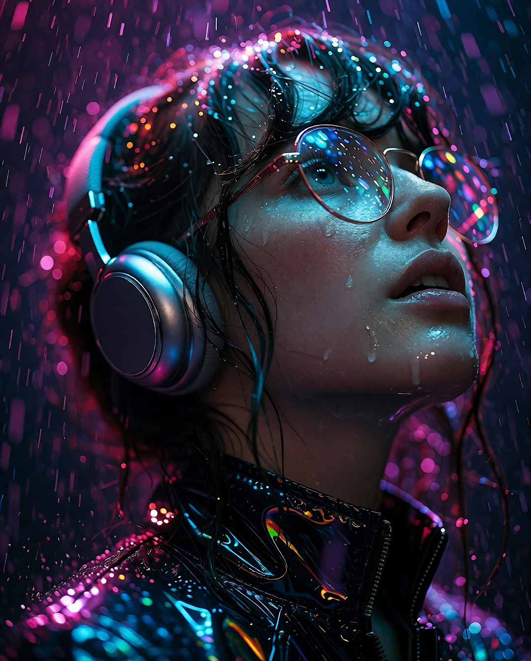 A vivid photograph captures a young woman tilting her head upward in awe while wearing sleek metallic headphones and round...