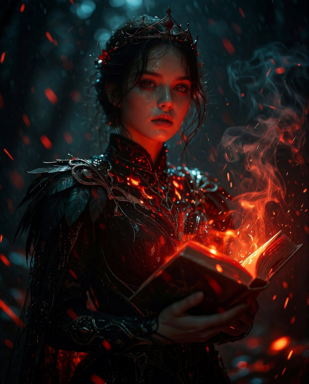 A vivid photograph captures a young woman with intense glowing red eyes and dark short hair adorned with a subtle dark flo...