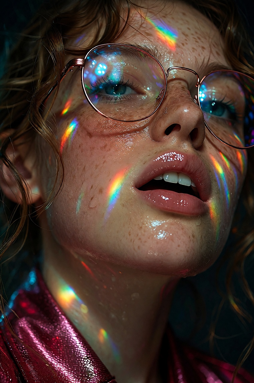 A vivid photograph highlights a young woman with freckled skin,  glossy pink lips,  and messy wavy hair strands on Tensor.Art