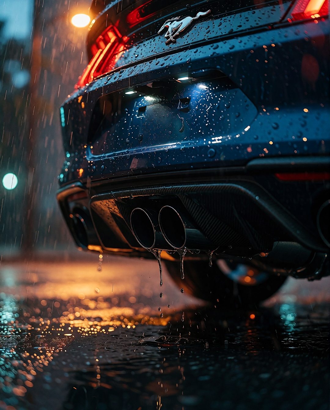 A dark Ford Mustang GT featuring prominent rear dual exhaust pipes and a metallic galloping pony emblem serves as the main...