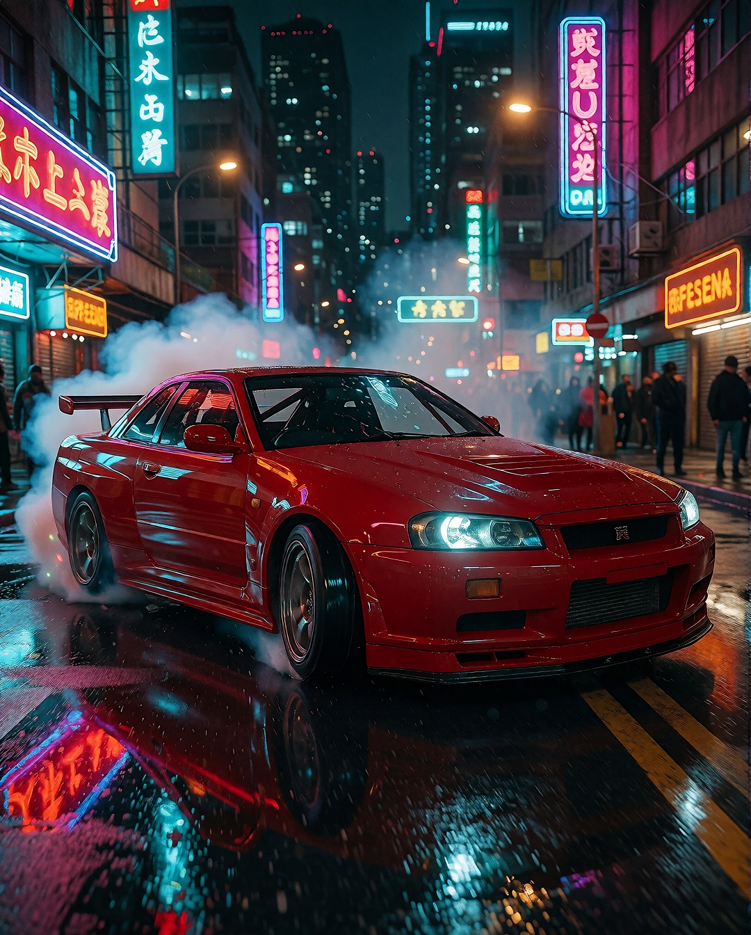 Bright artificial lights illuminate a dynamic medium shot slightly from a low and angled viewpoint,  showcasing a red Niss...