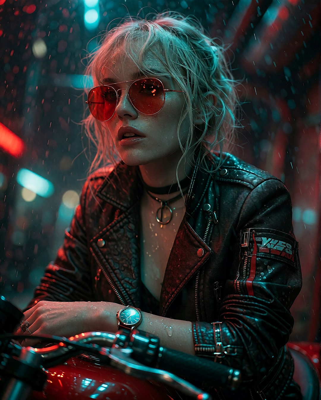 a cyberpunk woman with bobcut grey hair,  red sunglasses,  stylish cyberpunk outfit. leather jacket on Tensor.Art