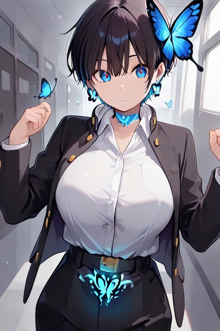 Kiyoka-chan,  blue glowing earrings,  tattoo on clothing boyish on Tensor.Art