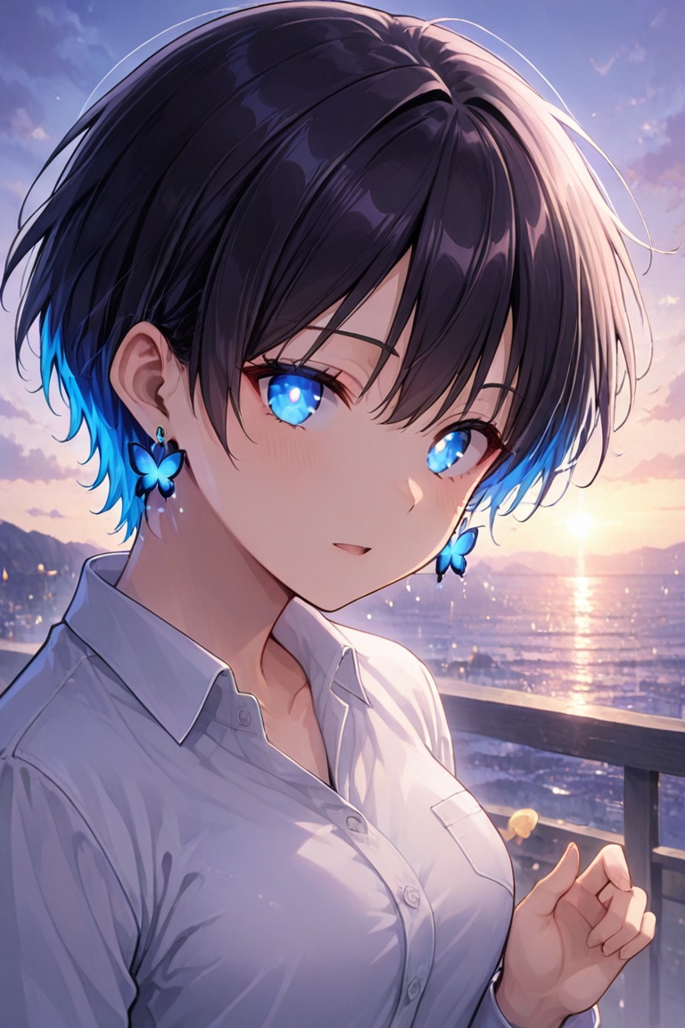 Glowing earrings & blue-under-layer hair,  Kiyoka-chan on Tensor.Art