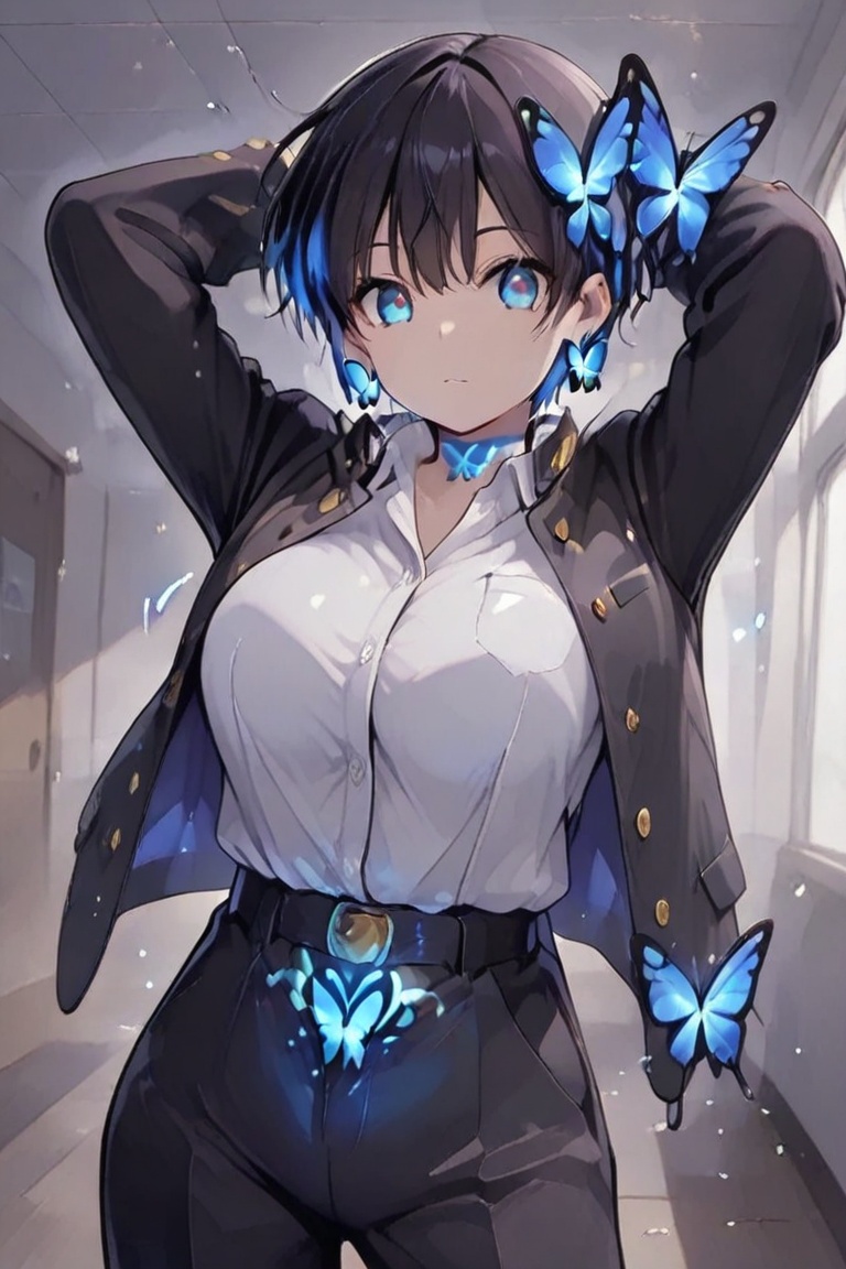 Kiyoka-chan,  blue glowing earrings,  tattoo on clothing boyish on Tensor.Art