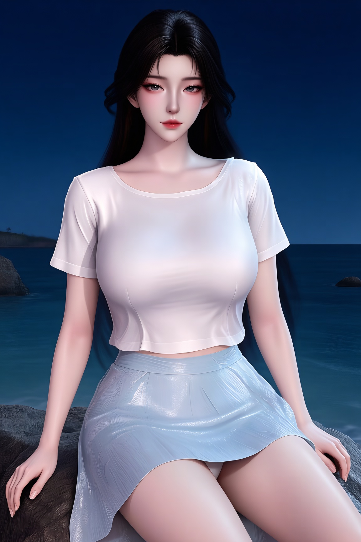 XXH,  White t-shirt,  White|blue skirt on Tensor.Art