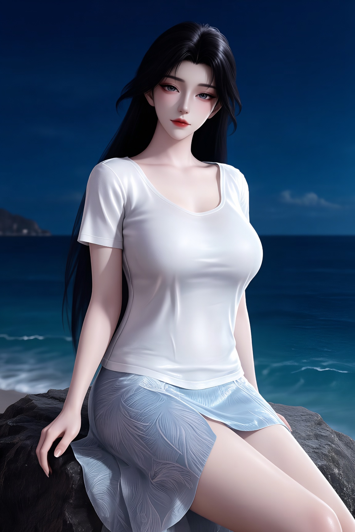XXH,  White t-shirt,  White|blue skirt on Tensor.Art