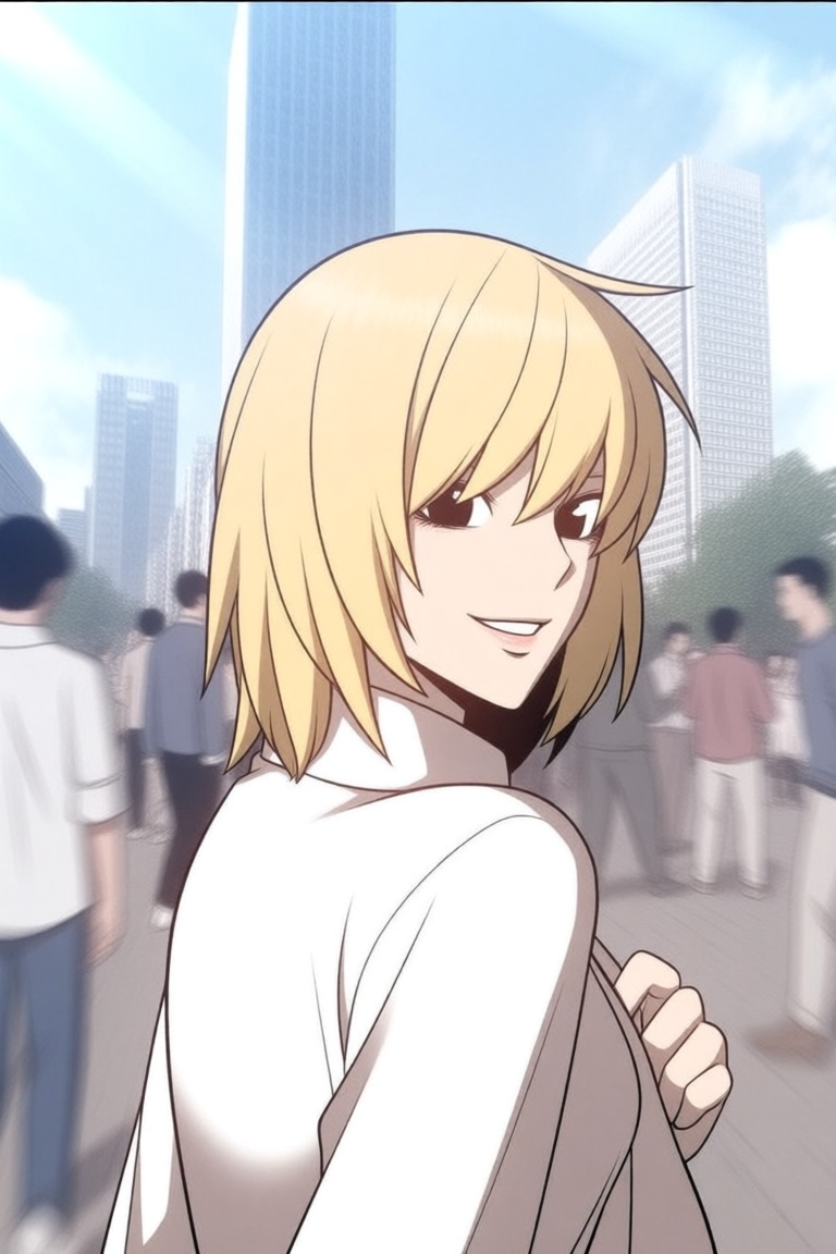 A manhwa portrait of a young woman outdoors,  shown in a half-body composition against a bustling city street with motion-...
