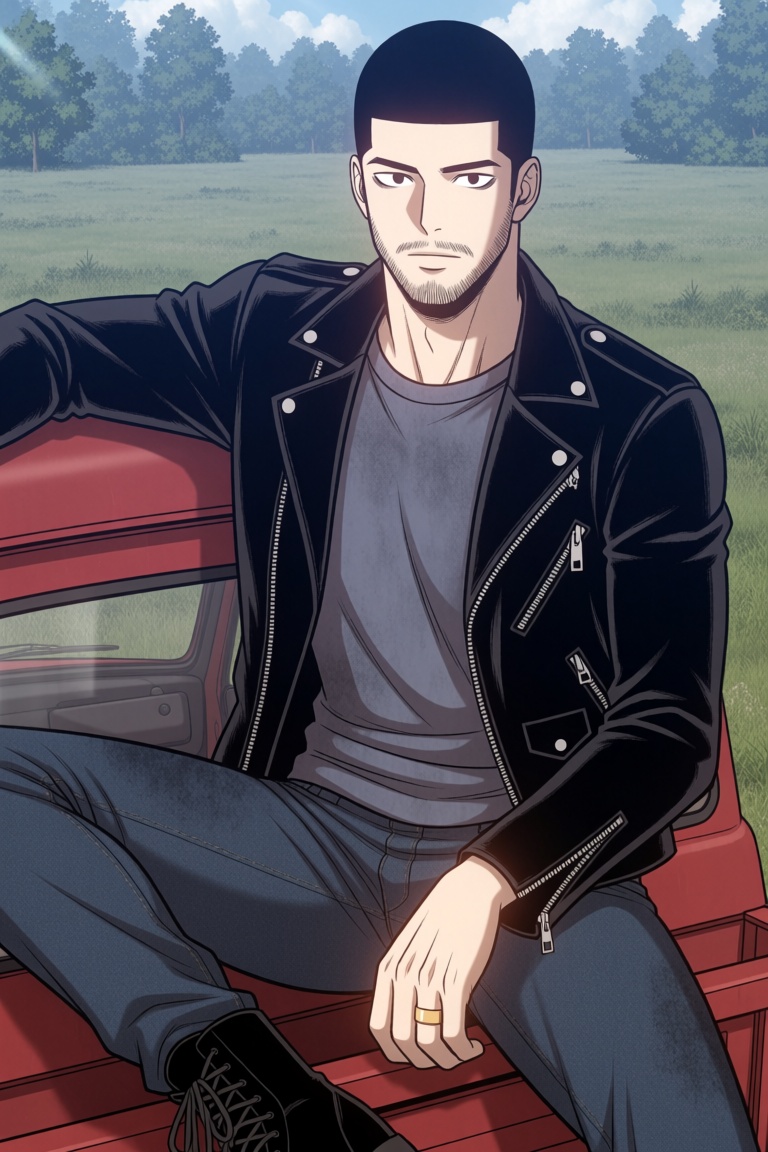 A realistic manhwa illustration of a man sitting casually on the tailgate of a vintage red pickup truck in an open grassy...