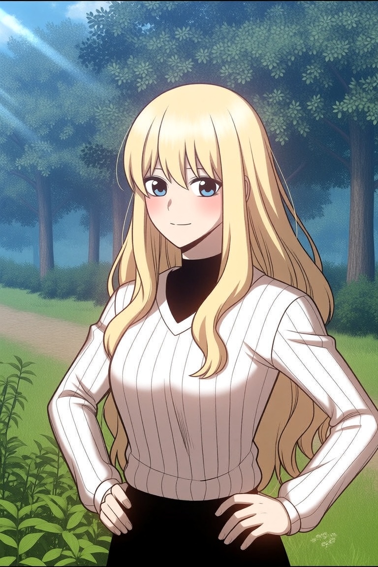 The manhwa illustration depicts a young woman standing outdoors in a lush,  green forest. She has long,  wavy blonde hair...