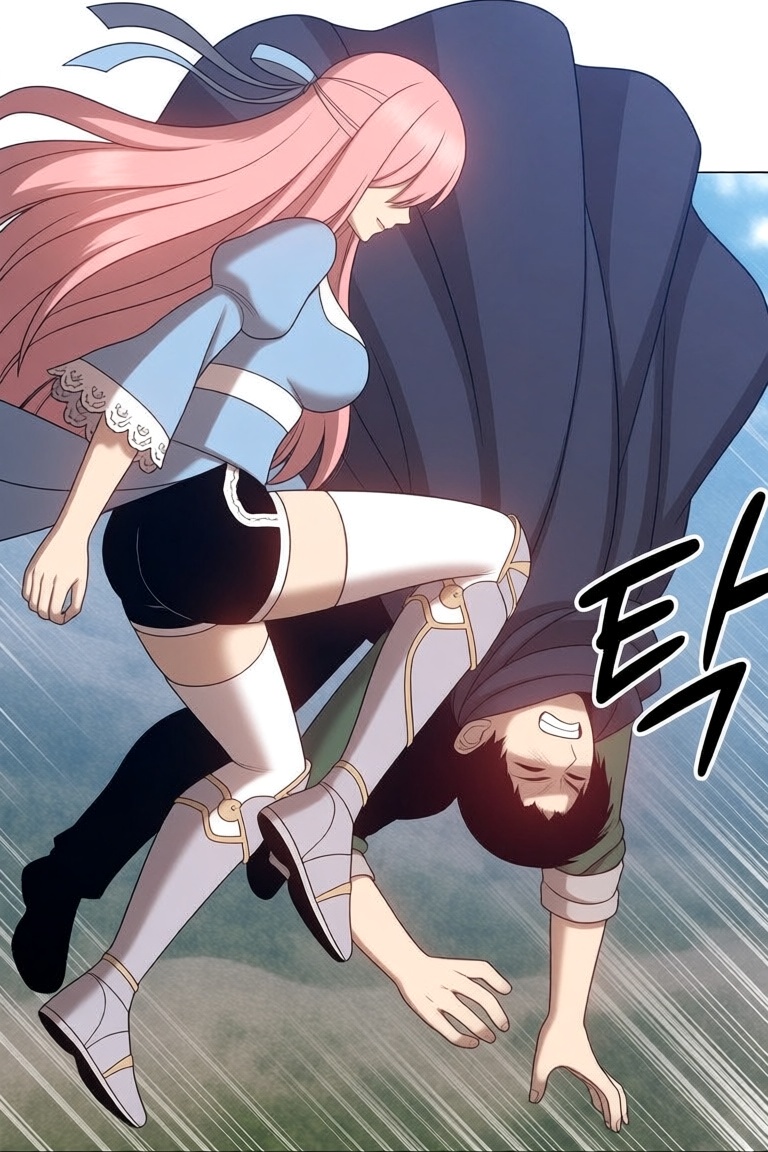 A woman with long pink hair,  partially bound by a flowing blue ribbon,  executes a dynamic mid-air kick against a man ben...