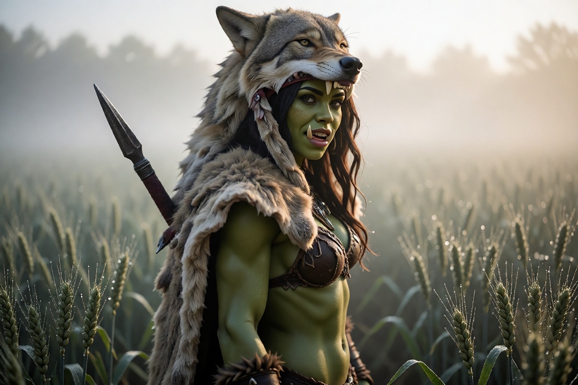 Cinematic photographic portrait of a young green skinned orc woman,  her entire skin the same shade of green,  turned quar...