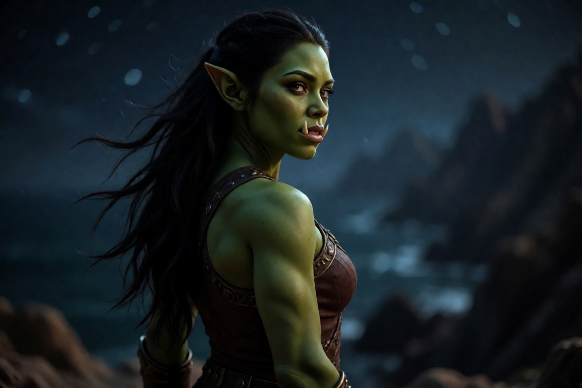 A beautiful and athletic green skinned orc woman with long pointed ears and long black windswept hair,  stands overlooking...