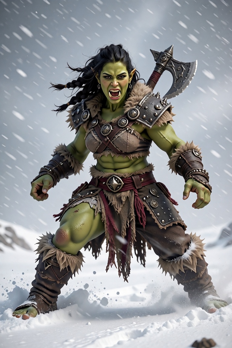 SUBJECT: green skin,  orc woman,  black hair braided and messy on Tensor.Art