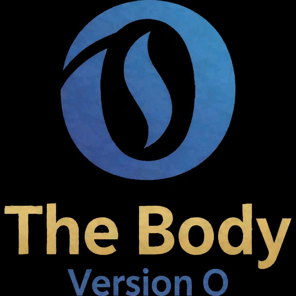a blue logo of the letter "O",  above the golden text "The Body" underneath blue text "Version O",  black background on Te...