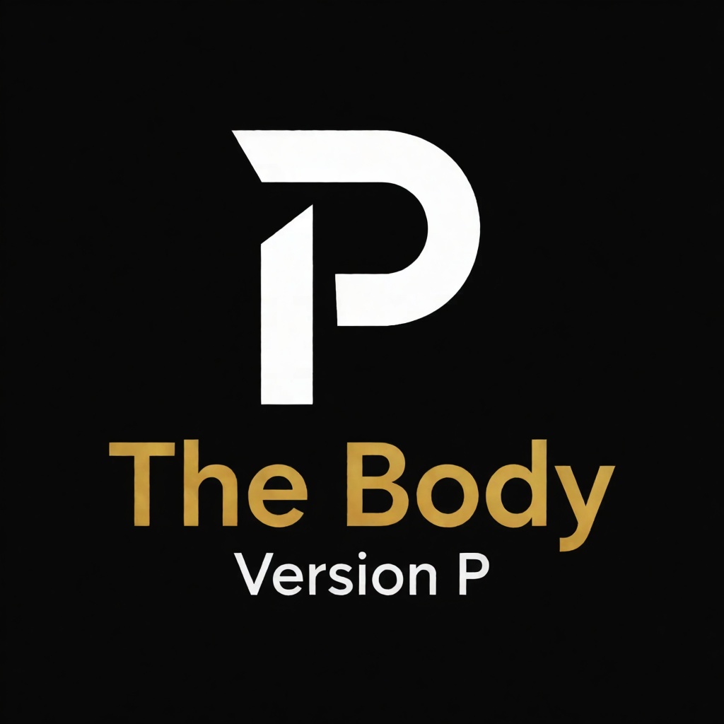 a white logo of the letter "P",  above the golden text "The Body" underneath white text "Version P",  black background on...