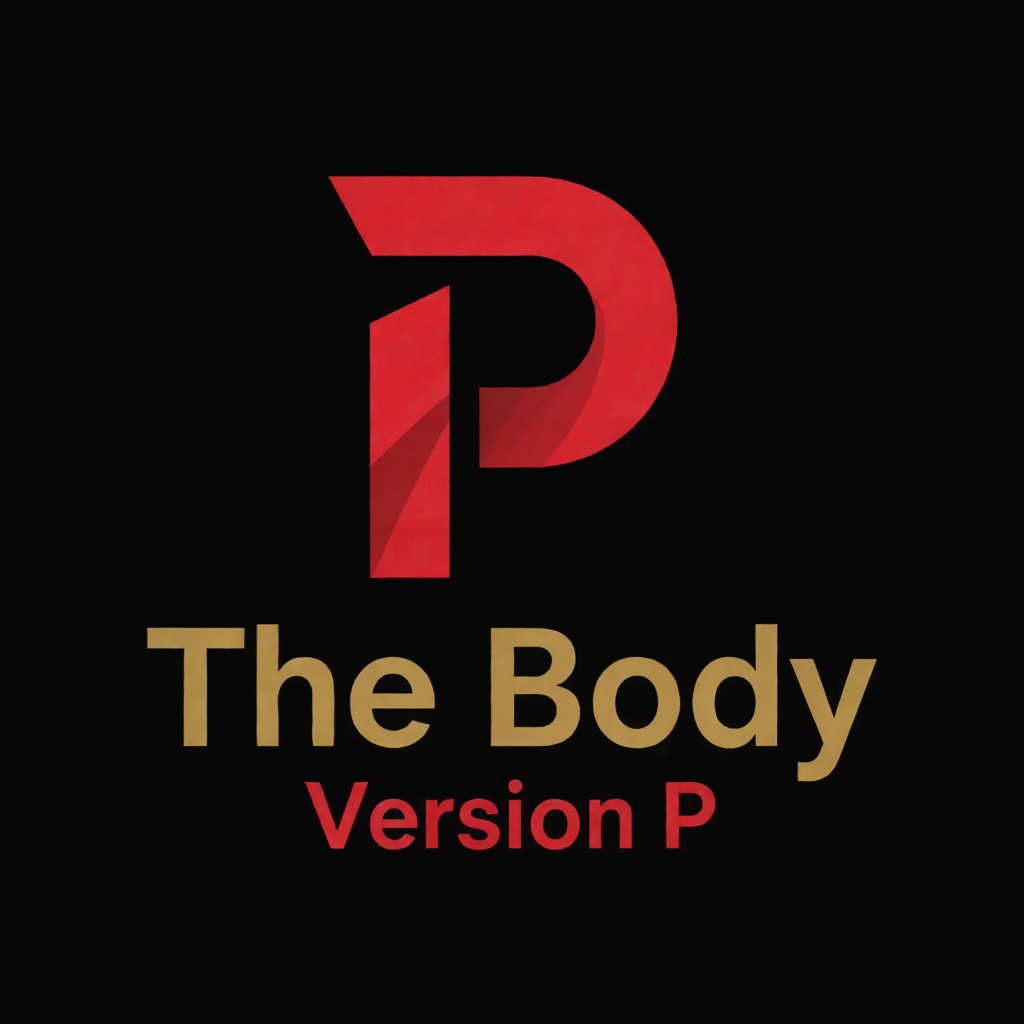 a red logo of the letter "P",  above the golden text "The Body" underneath red text "Version P",  black background on Tens...